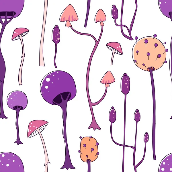 Бесшовный узор космических грибов в мультяшном стиле на светлом фоне. графическая иллюстрация. — стоковое фото