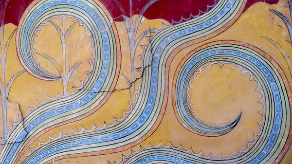 Fresco on a wall of the Knossky palace. Crete, Greece.