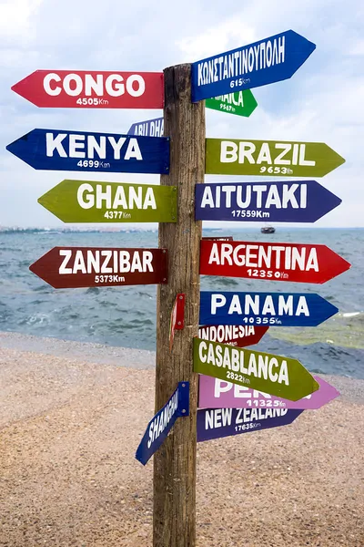 World financial capitals directions signs post over blue sky — Stock Photo, Image