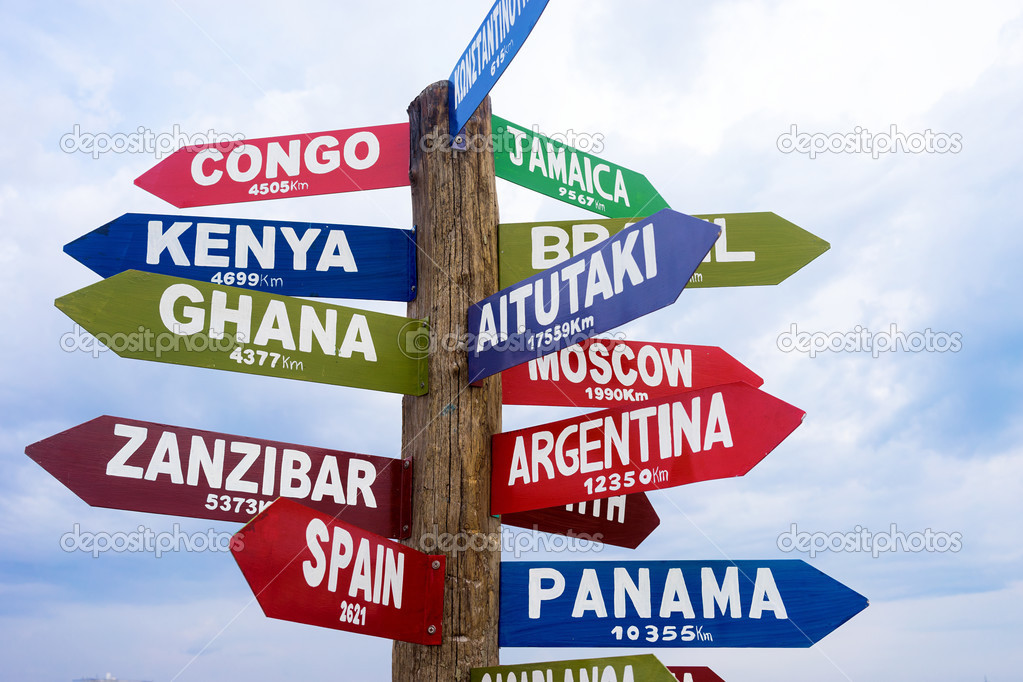 World financial capitals directions signs post over blue sky