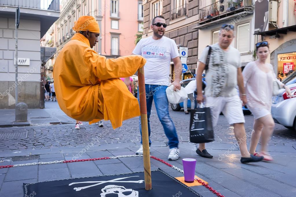 Street performer in Naples, Italy. Every day, street performers Stock