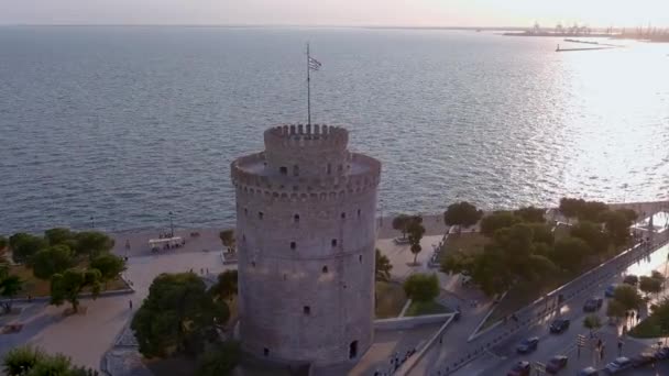 Flygfoto Över Thessaloniki Antika Vita Tornet Grekland — Stockvideo