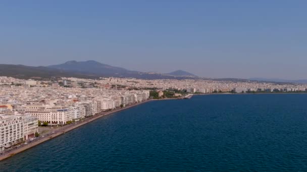 Légi Kilátás Thesszaloniki Város Vízparti Görögország Napos Nap Nikis Sugárút — Stock videók