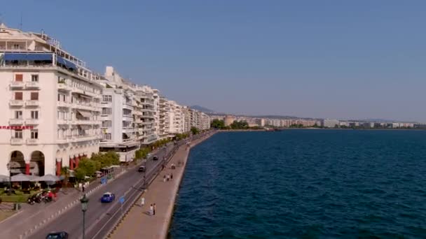 Widok Powietrza Miasto Saloniki Nabrzeże Grecja Słoneczny Dzień Nikis Avenue — Wideo stockowe