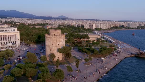 Thessaloniki , Greece - July 11, 2021: Aerial View of Thessaloniki, ancient White Tower, Greece