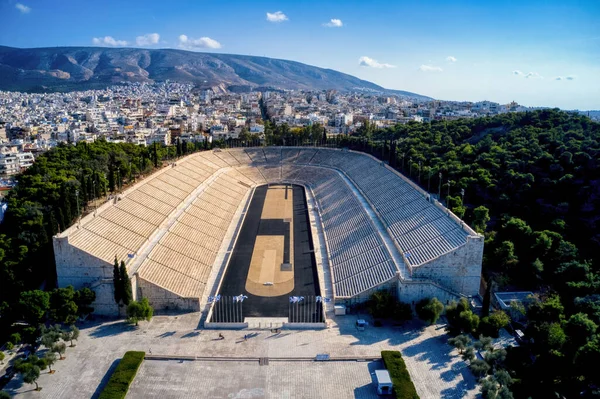 Aerial Shot Iconic Illuminated Ancient Kalimarmaro Panathenaic Stadium Venue First — Stock Photo, Image