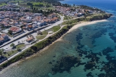 Aerial view of  beach of village Nea Fokea in peninsula Kassandra Halkidiki Greece