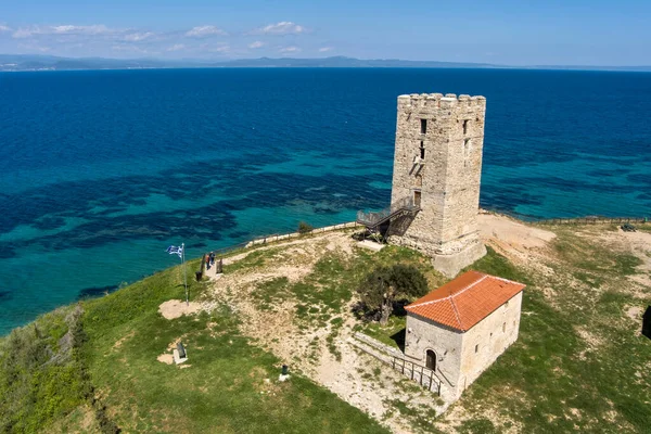 Aerial View Byzantine Tower Beach Village Nea Fokea Peninsula Kassandra — стокове фото