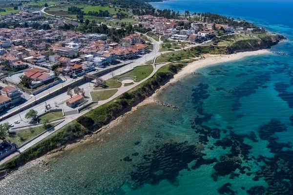 Aerial View Beach Village Nea Fokea Peninsula Kassandra Halkidiki Greece — Stockfoto