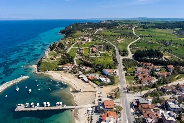 Aerial View Byzantine Tower Beach Village Nea Fokea Peninsula Kassandra — Zdjęcie stockowe