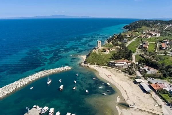 Aerial View Byzantine Tower Beach Village Nea Fokea Peninsula Kassandra — Fotografia de Stock