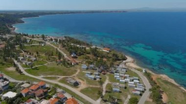 Aerial view of  beach of village Nea Fokea in peninsula Kassandra Halkidiki Greece