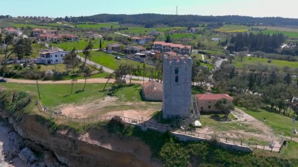 Aerial View Byzantine Tower Beach Village Nea Fokea Peninsula Kassandra — Video