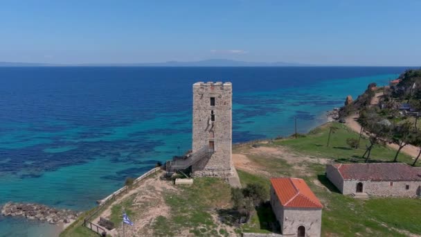 Aerial View Byzantine Tower Beach Village Nea Fokea Peninsula Kassandra — ストック動画