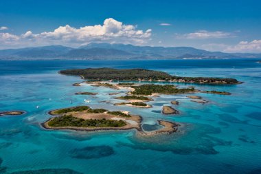 Aerial view of Lichadonisia which is island popular with boat trippers. the Greek Bahamas, in North Euboea, Greece.