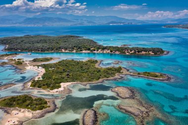 Aerial view of Lichadonisia which is island popular with boat trippers. the Greek Bahamas, in North Euboea, Greece.