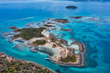 Aerial view of Lichadonisia which is island popular with boat trippers. the Greek Bahamas, in North Euboea, Greece.