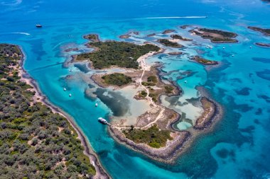 Aerial view of Lichadonisia which is island popular with boat trippers. the Greek Bahamas, in North Euboea, Greece.