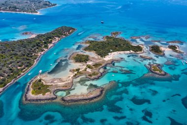 Aerial view of Lichadonisia which is island popular with boat trippers. the Greek Bahamas, in North Euboea, Greece.