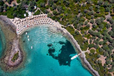 Aerial view of Lichadonisia which is island popular with boat trippers. the Greek Bahamas, in North Euboea, Greece.