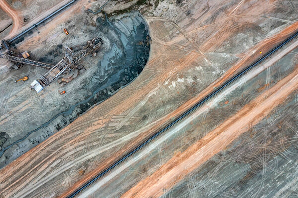 View into the opencast lignite mine in the lignite mining area near Ptolemaida, Greece. Aerial View