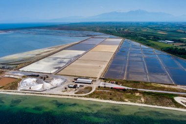 Tuz buharlaştırma göletlerinin ve tuz tepeciklerinin havadan görünüşü bu havuzlar okyanusla doludur ve tuz kristalleri hasat edilir. Kitros Pieria, Yunanistan