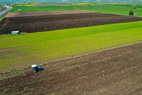 Aerial View Farmer Tractor Ploughing Field Tractor Preparing Land Seedbed — Stock Photo, Image