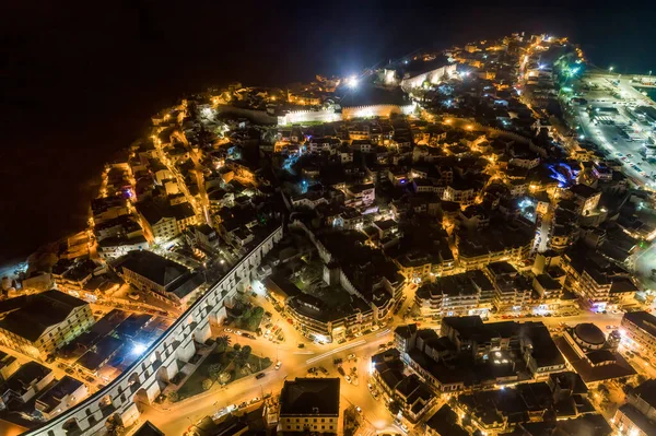 Flygfoto Över Staden Kavala Natten Norra Grekland Forntida Akvedukt Kamares — Stockfoto