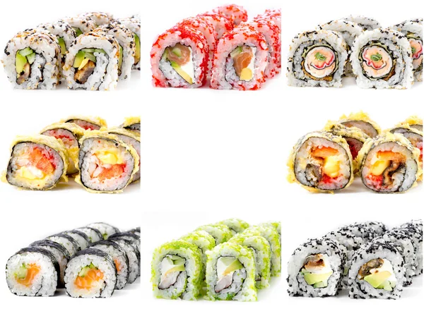 Eight different sushi rolls isolated on white background — Stock Photo, Image