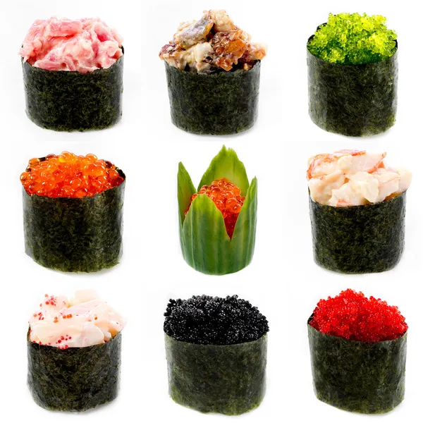 Different sushi on white background: Smelt roe, flying fish roe, — Stock Photo, Image