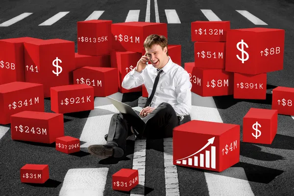 Confident and successful stock broker sitting on the road and sp — Stock Photo, Image