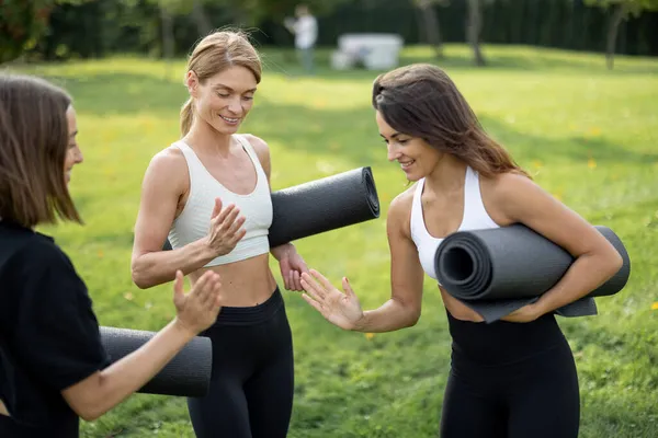 Chicas con colchonetas de fitness golpeando puños en el prado — Foto de Stock