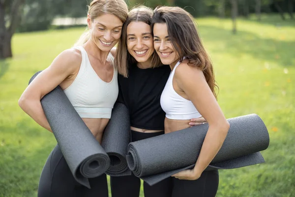 Radostné dívky s fitness rohožemi na zelené louce — Stock fotografie