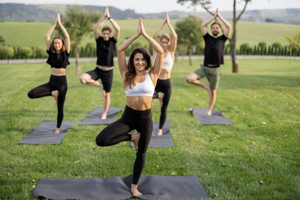 Personas que practican yoga en colchonetas de fitness en el césped — Foto de Stock