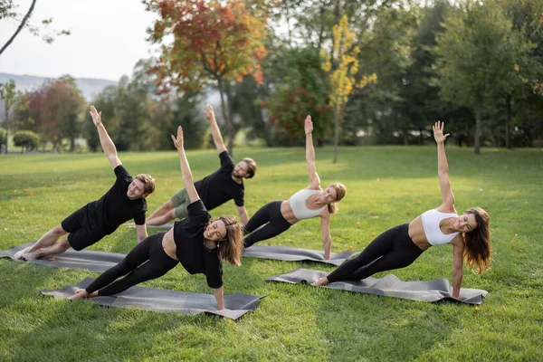 Personas que practican yoga en colchonetas de fitness en el césped — Foto de Stock