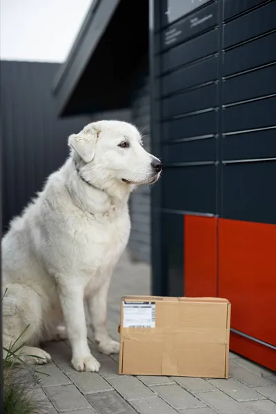 Labrador cane guardia pacco vicino al terminale postale — Foto Stock