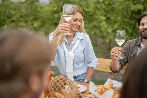 Amigos bebiendo vino en el picnic cerca de viñedos —  Fotos de Stock