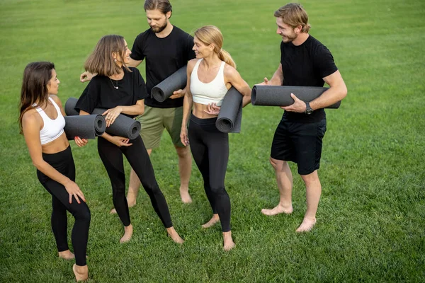 Lidé s fitness rohožemi stojí na zelené louce — Stock fotografie