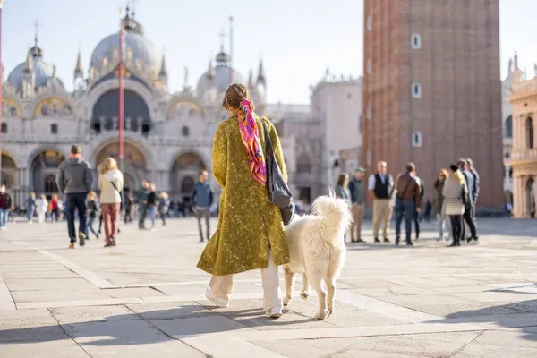 Mujer con perro en la plaza central de Venecia, Italia —  Fotos de Stock