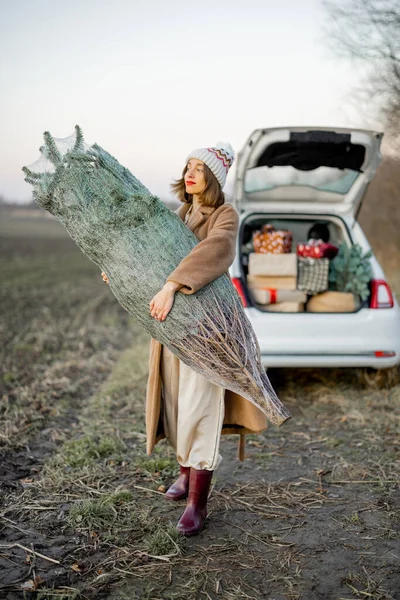 Vrouw gaat met kerstboom in de buurt van auto op de natuur — Stockfoto