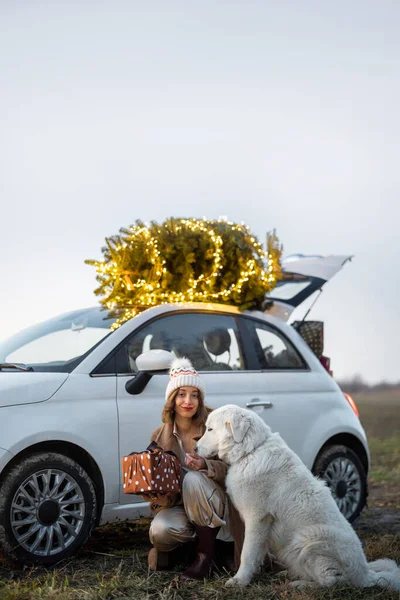 Женщина с собакой возле машины с елкой на природе — стоковое фото