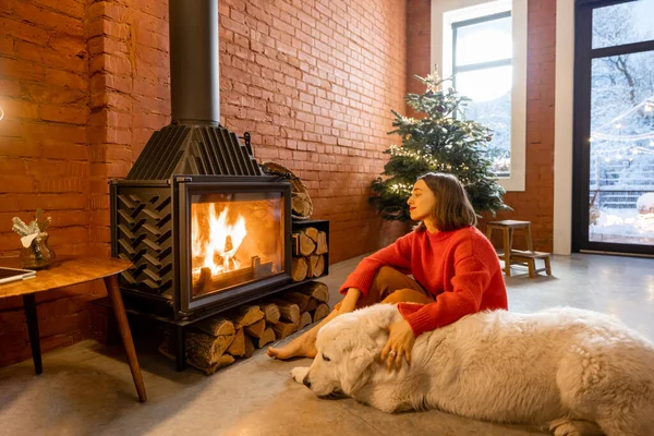 겨울철 휴일에 집에 개를 키우는 여자 — 스톡 사진