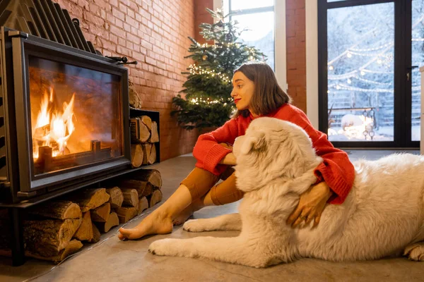 Žena se psem doma na zimní prázdniny — Stock fotografie