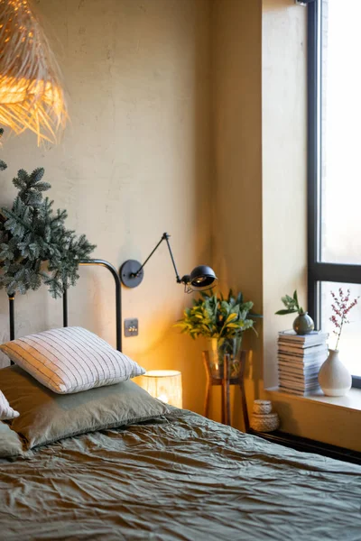 Festively decorated bedroom with twigs of nobilis — 图库照片