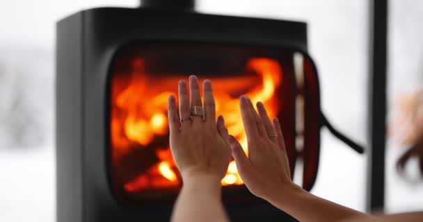 Mujer en casa con chimenea durante el invierno en la naturaleza — Vídeo de stock