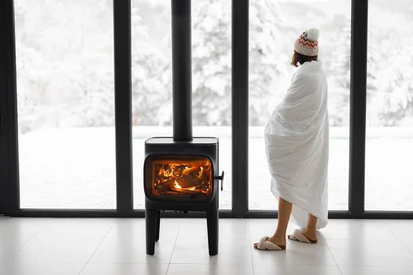 Mujer en casa con chimenea durante el invierno en la naturaleza — Foto de Stock