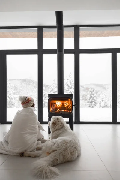 Kış boyunca köpekli bir kadın yanan şömineyle evde. — Stok fotoğraf