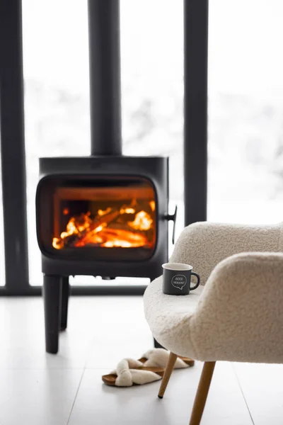 雪山上燃烧的壁炉旁舒适的生活空间 — 图库照片