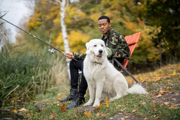 Άντρας που ψαρεύει κοντά σε σκύλο στην ακτή του ποταμού ή της λίμνης — Φωτογραφία Αρχείου