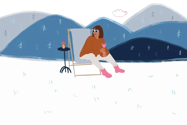 겨울에 산에서 휴식을 취하는 여자 — 스톡 벡터